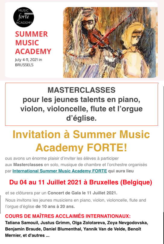 Invitation. Masterclasses pour les jeunes talents en piano, violon, violoncelle, flûte et d|orgue d|église. 2021-07-04